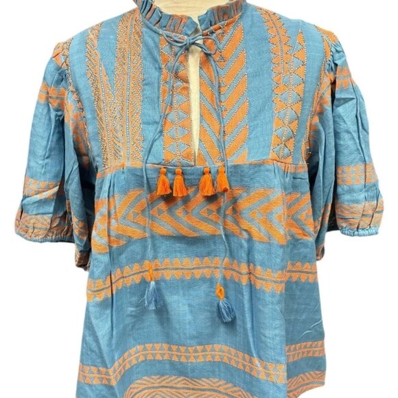NWT Just Bellina‎ Blue Boho Beaded Embroidered Tassels Lined Top Size XL
